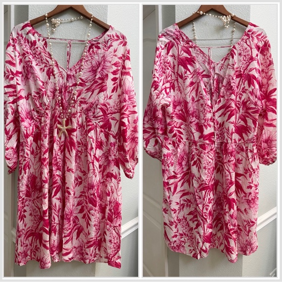 H&M Pink and White Floral summer Dress babydoll knee length v-neck long sleeve - Picture 3 of 12